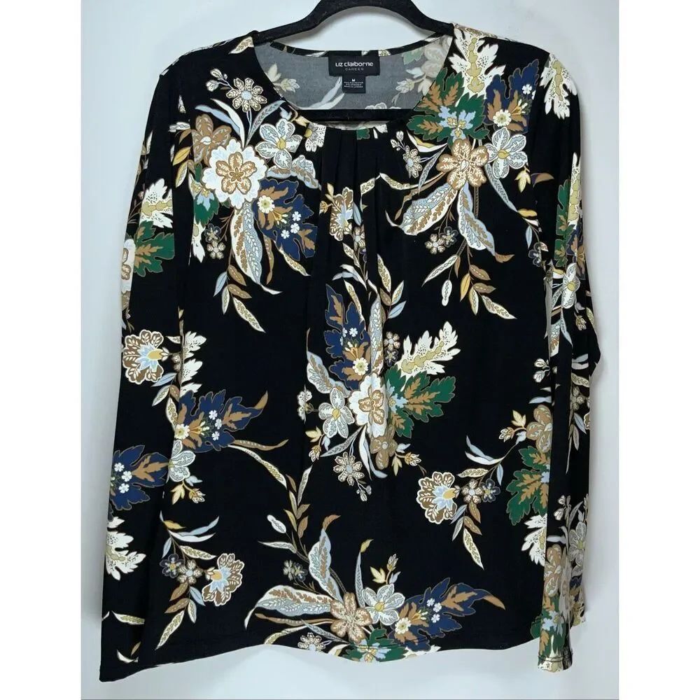 Liz Claiborne Career black multi floral long sleeve blouse size medium